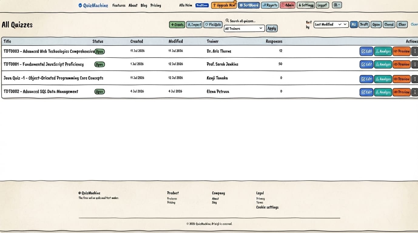 QuizMachine dashboard and quiz editor preview